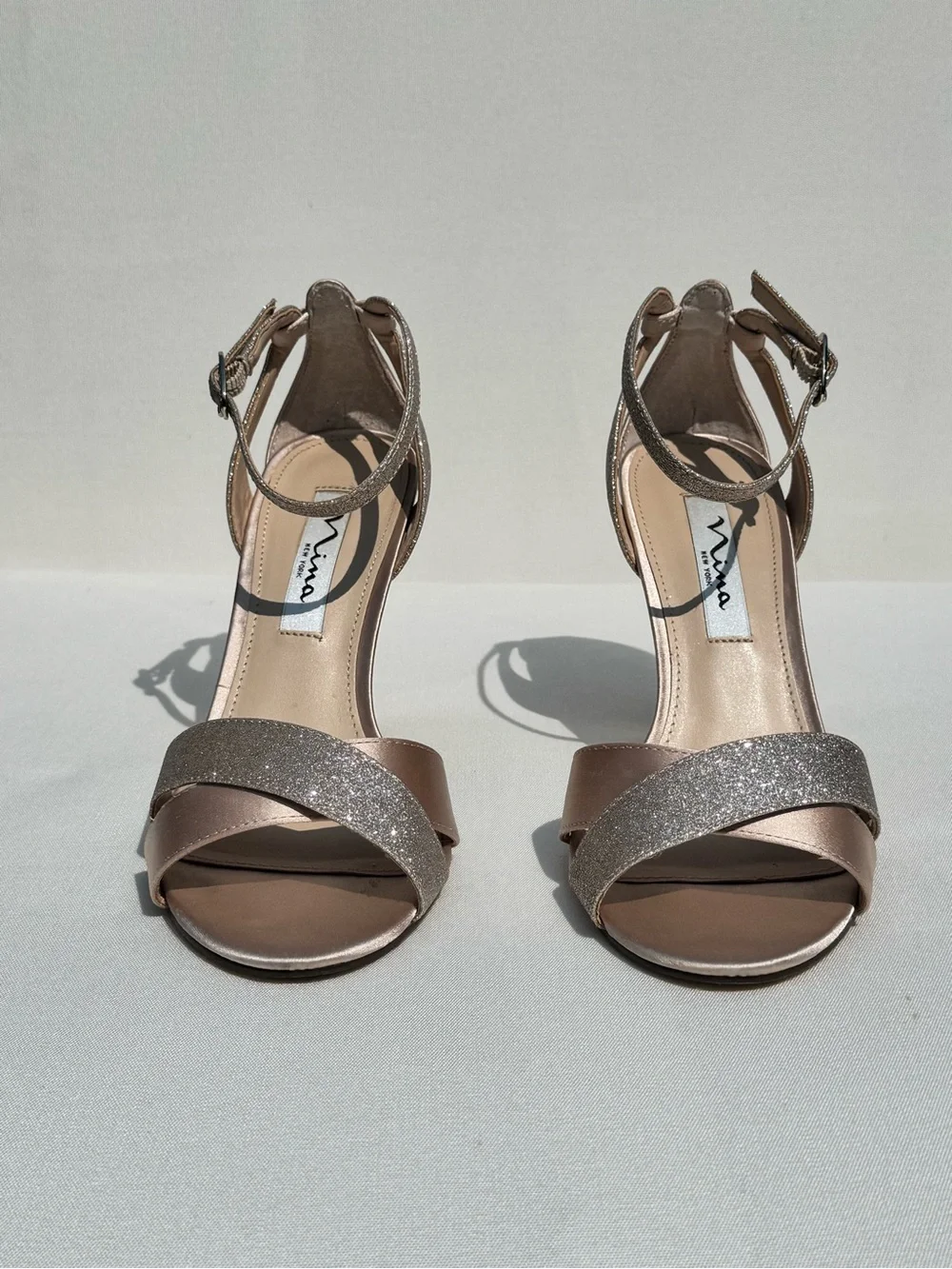 Nina Venus Pearl Rose Satin High Heel Sandals with Ankle Strap